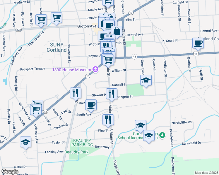 map of restaurants, bars, coffee shops, grocery stores, and more near Main Street in Cortland
