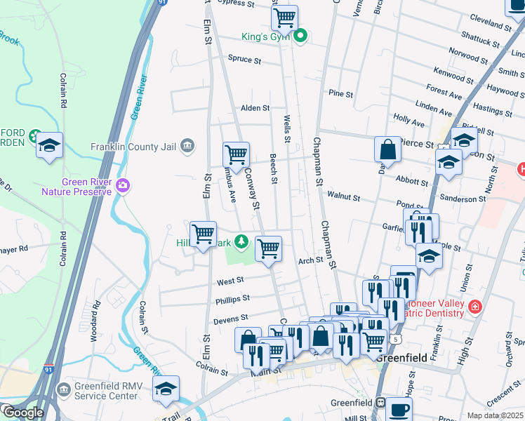 map of restaurants, bars, coffee shops, grocery stores, and more near 15 Grove Street in Greenfield