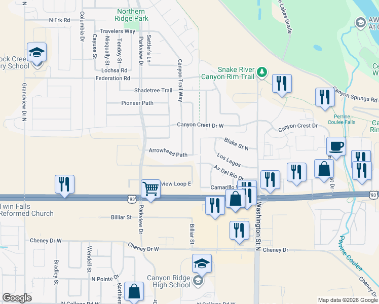 map of restaurants, bars, coffee shops, grocery stores, and more near 353 Arrowhead Path in Twin Falls