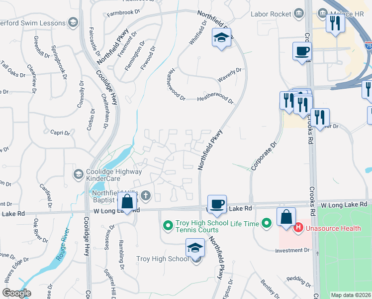 map of restaurants, bars, coffee shops, grocery stores, and more near 1573 Brentwood Drive in Troy
