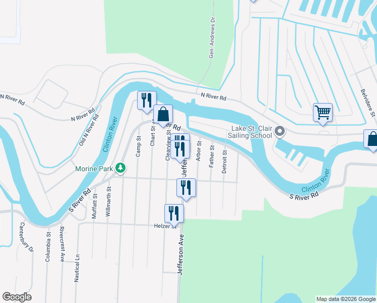 map of restaurants, bars, coffee shops, grocery stores, and more near 39650 Jefferson Avenue in Harrison Township