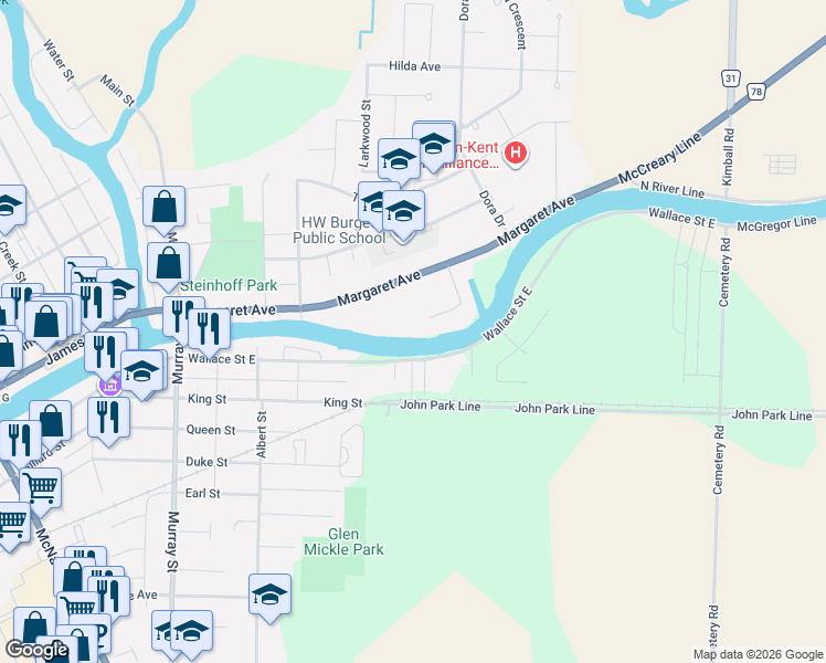 map of restaurants, bars, coffee shops, grocery stores, and more near 236 Margaret Avenue in Chatham-Kent