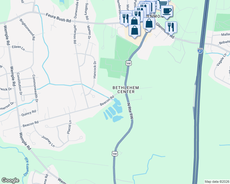 map of restaurants, bars, coffee shops, grocery stores, and more near 16 Beacon Road in Bethlehem