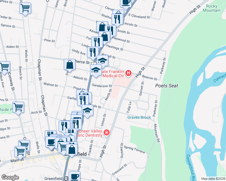 map of restaurants, bars, coffee shops, grocery stores, and more near 48 Sanderson Street in Greenfield