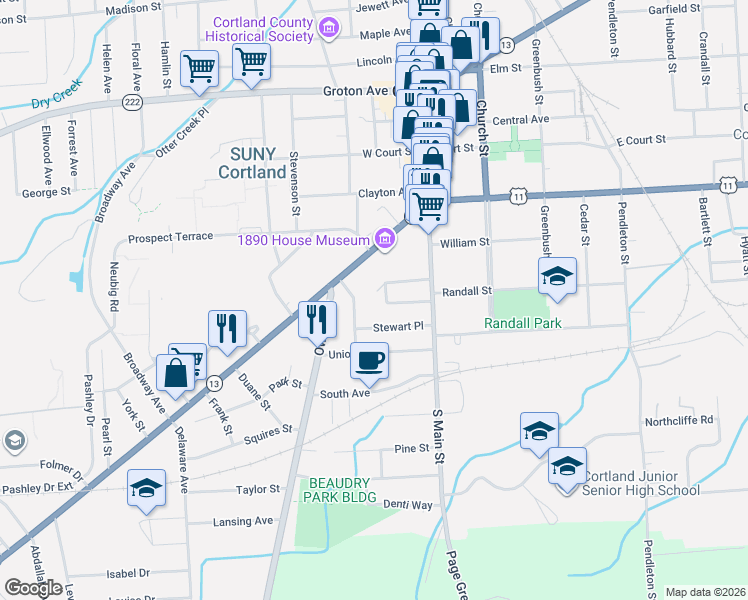 map of restaurants, bars, coffee shops, grocery stores, and more near 16 Stewart Place in Cortland