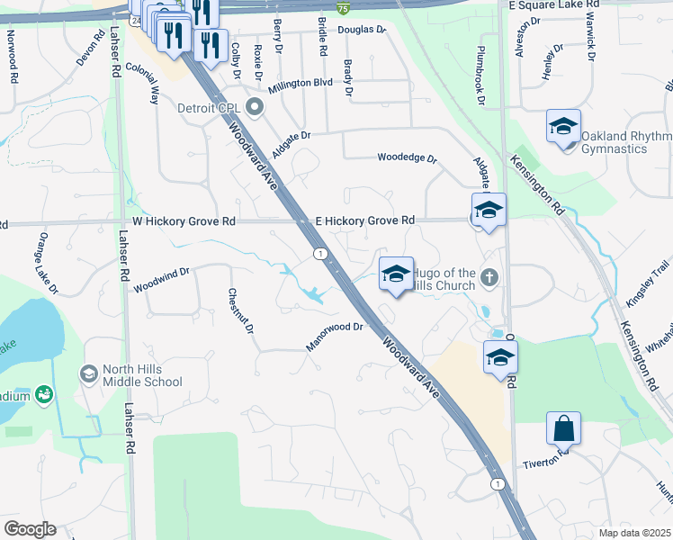 map of restaurants, bars, coffee shops, grocery stores, and more near 2395 Woodward Avenue in Bloomfield Hills