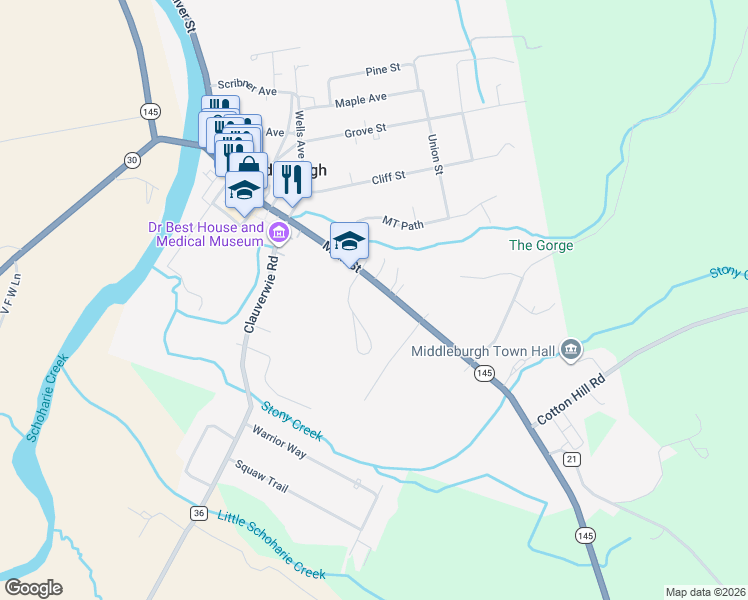 map of restaurants, bars, coffee shops, grocery stores, and more near 233 Main Street in Middleburgh
