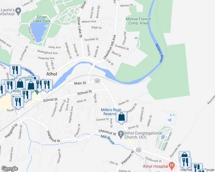 map of restaurants, bars, coffee shops, grocery stores, and more near 563 School Street in Athol
