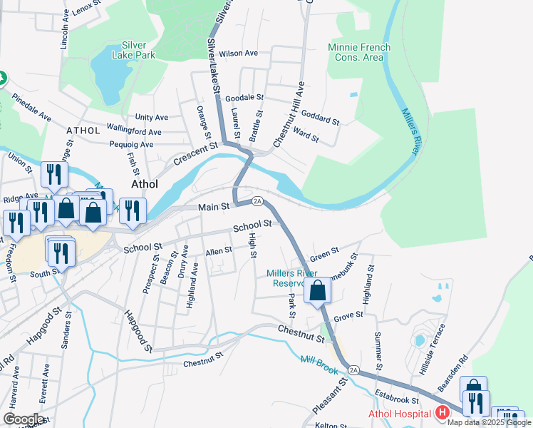map of restaurants, bars, coffee shops, grocery stores, and more near 563 School Street in Athol