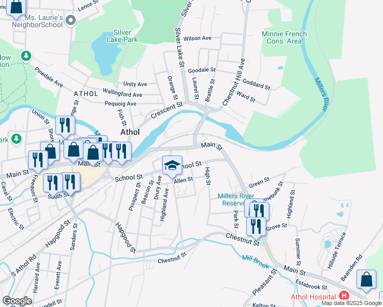 map of restaurants, bars, coffee shops, grocery stores, and more near 378 School Street in Athol