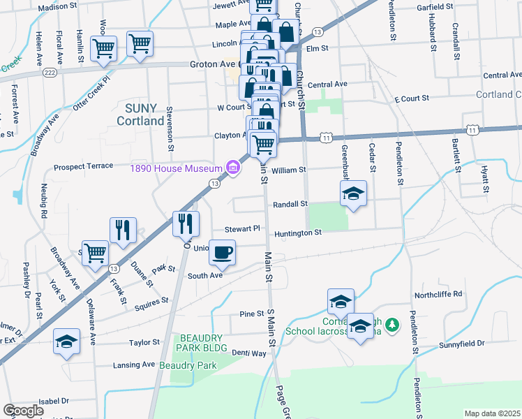 map of restaurants, bars, coffee shops, grocery stores, and more near 168 Main Street in Cortland