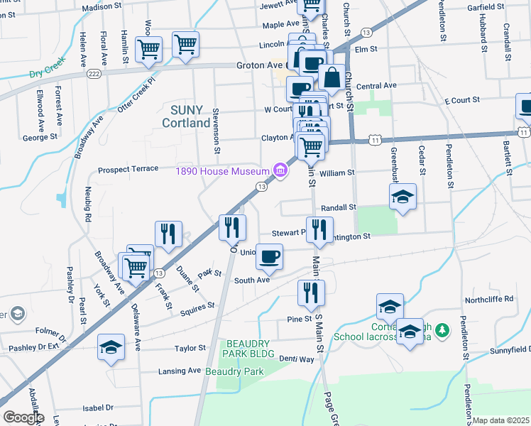 map of restaurants, bars, coffee shops, grocery stores, and more near 16 Reynolds Avenue in Cortland