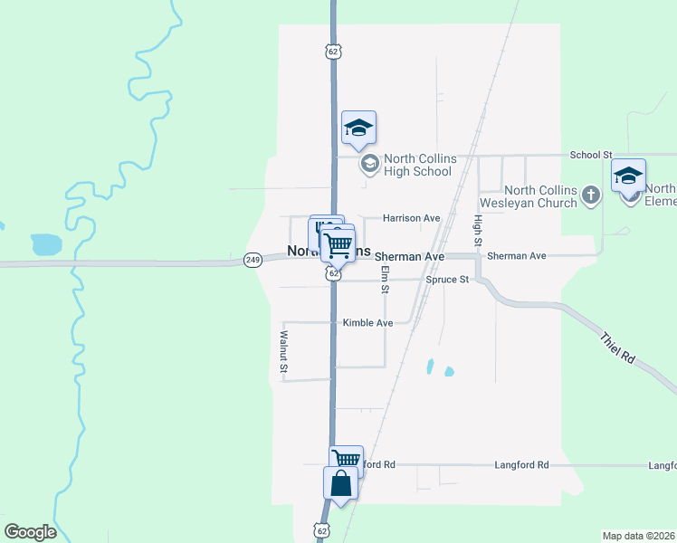 map of restaurants, bars, coffee shops, grocery stores, and more near 10549 Main Street in North Collins