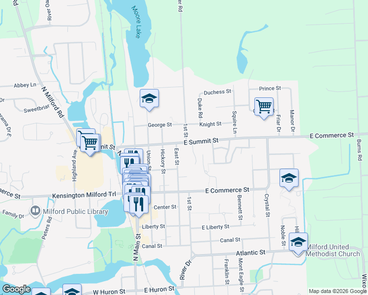 map of restaurants, bars, coffee shops, grocery stores, and more near 620 East Street in Milford Charter Township