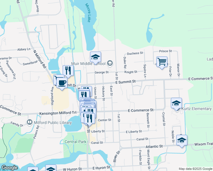 map of restaurants, bars, coffee shops, grocery stores, and more near 625 Hickory Street in Milford Charter Township