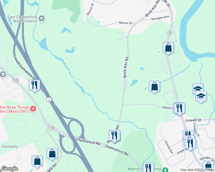 map of restaurants, bars, coffee shops, grocery stores, and more near 93 Brick Kiln Road in Chelmsford