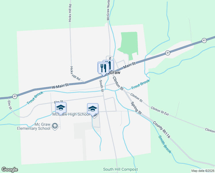 map of restaurants, bars, coffee shops, grocery stores, and more near 17 South Street in McGraw
