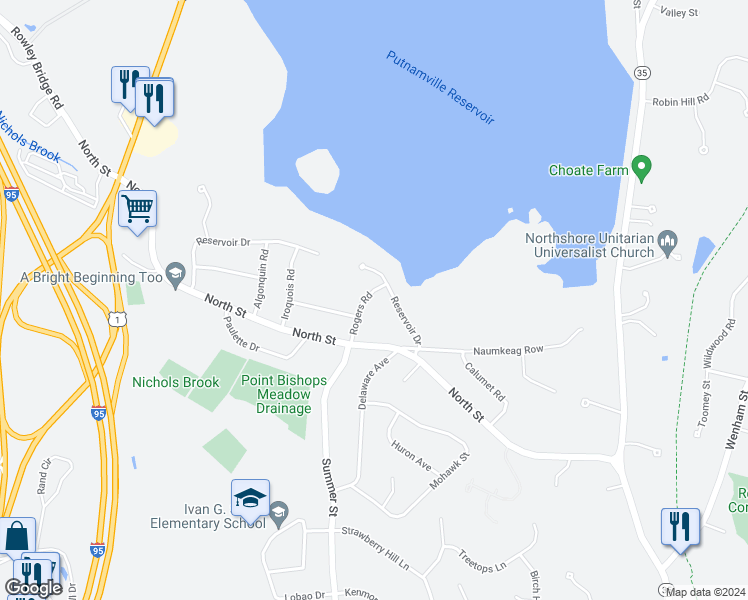 map of restaurants, bars, coffee shops, grocery stores, and more near 7 Rogers Road in Danvers