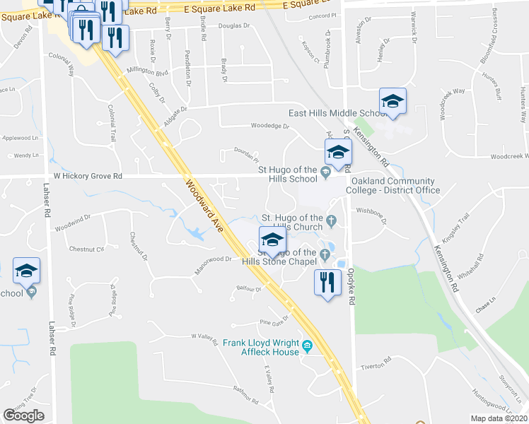 map of restaurants, bars, coffee shops, grocery stores, and more near 2378 Hickory Glen Drive in Bloomfield Hills