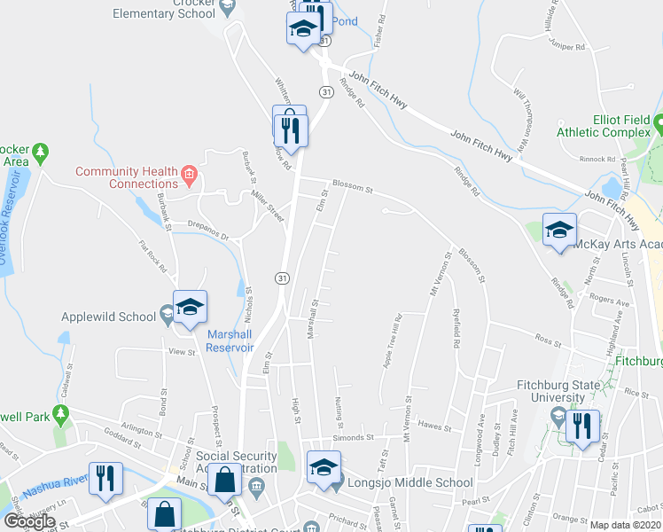 map of restaurants, bars, coffee shops, grocery stores, and more near 55 Villa Street in Fitchburg