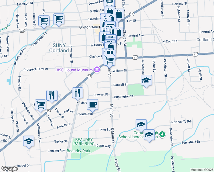 map of restaurants, bars, coffee shops, grocery stores, and more near 168 Main Street in Cortland