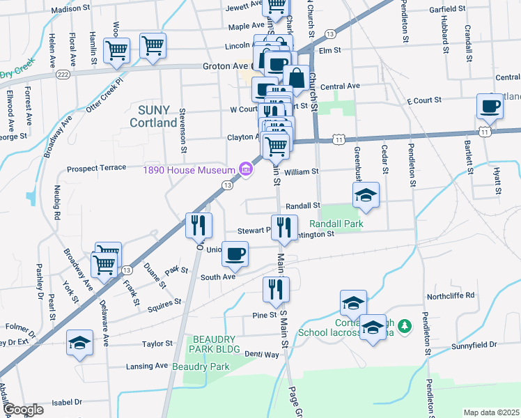 map of restaurants, bars, coffee shops, grocery stores, and more near 168 Main Street in Cortland