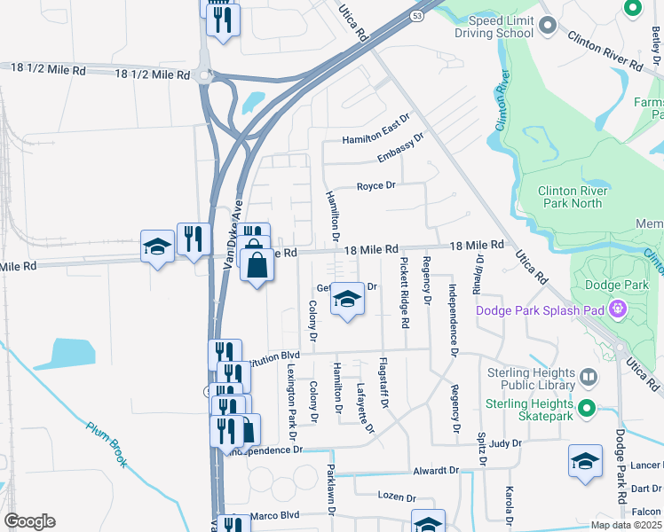 map of restaurants, bars, coffee shops, grocery stores, and more near 8455 Gettysburg Drive in Sterling Heights