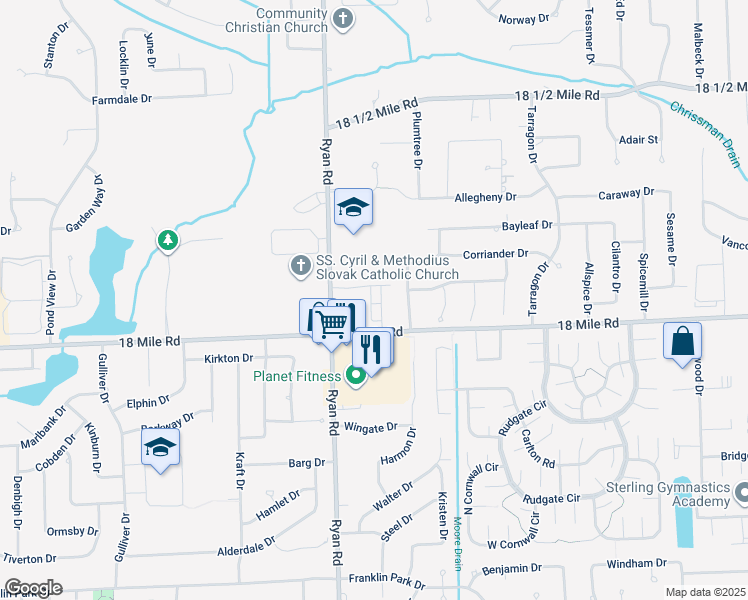 map of restaurants, bars, coffee shops, grocery stores, and more near 41024 Bermuda Drive in Sterling Heights