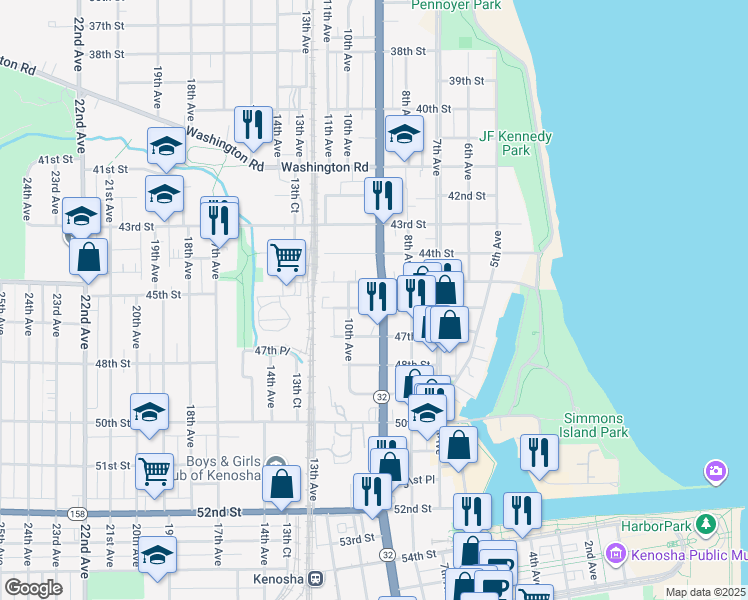 map of restaurants, bars, coffee shops, grocery stores, and more near 915 46th Street in Kenosha