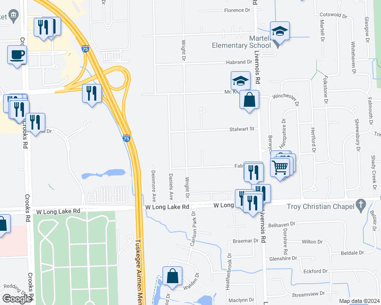 map of restaurants, bars, coffee shops, grocery stores, and more near 5205 Wright Drive in Troy