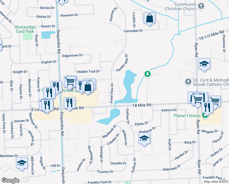 map of restaurants, bars, coffee shops, grocery stores, and more near 41167 Marksway Court in Sterling Heights