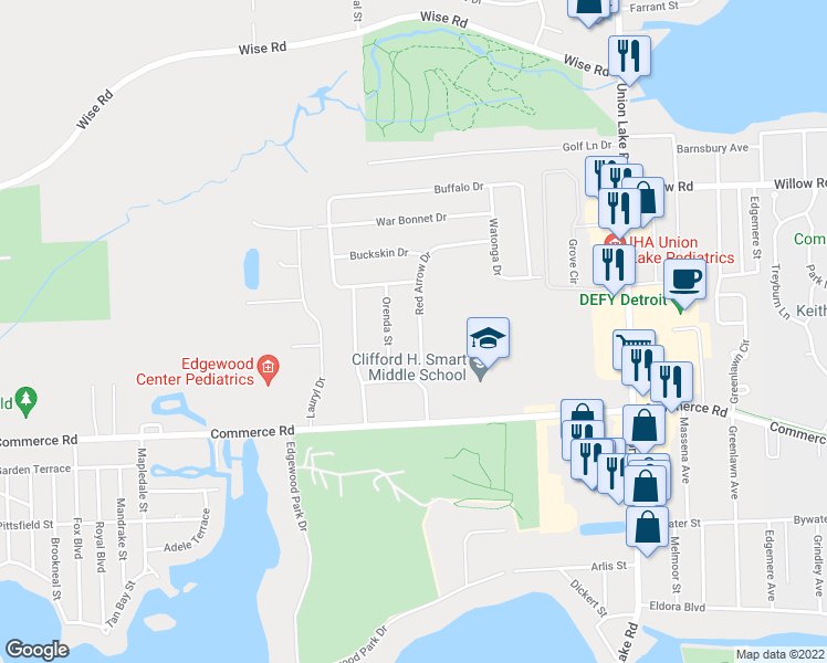 map of restaurants, bars, coffee shops, grocery stores, and more near 2800 Red Arrow Drive in Commerce Charter Township