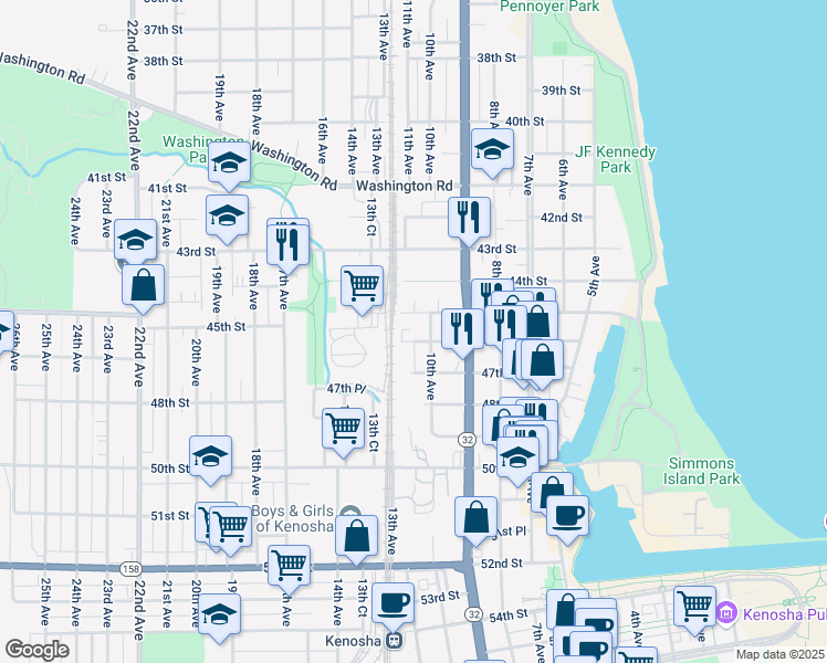 map of restaurants, bars, coffee shops, grocery stores, and more near 1021 46th Street in Kenosha