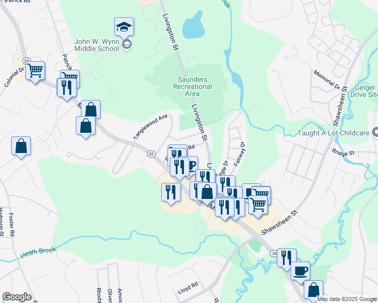 map of restaurants, bars, coffee shops, grocery stores, and more near 14 Pinewood Road in Tewksbury