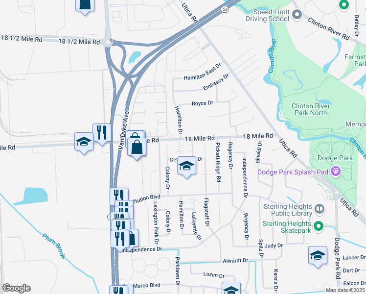 map of restaurants, bars, coffee shops, grocery stores, and more near 8455 Gettysburg Drive in Sterling Heights