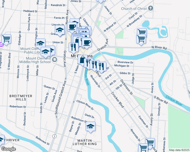 map of restaurants, bars, coffee shops, grocery stores, and more near 5 Amvet Drive in Mount Clemens