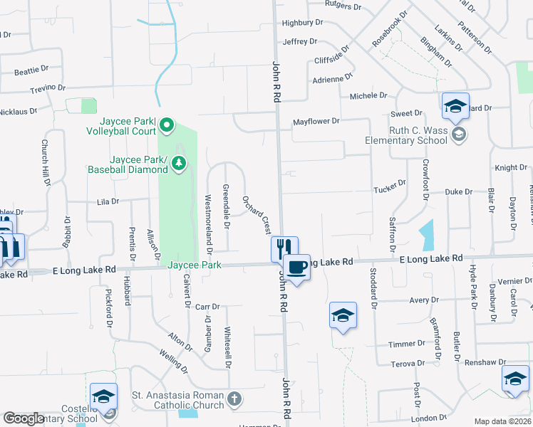 map of restaurants, bars, coffee shops, grocery stores, and more near 5182 Orchard Crest in Troy