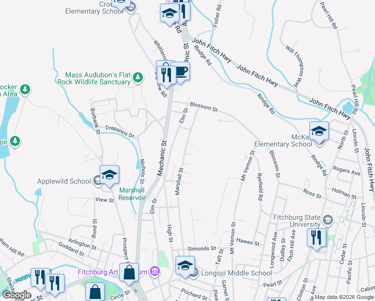 map of restaurants, bars, coffee shops, grocery stores, and more near 291 Marshall Street in Fitchburg