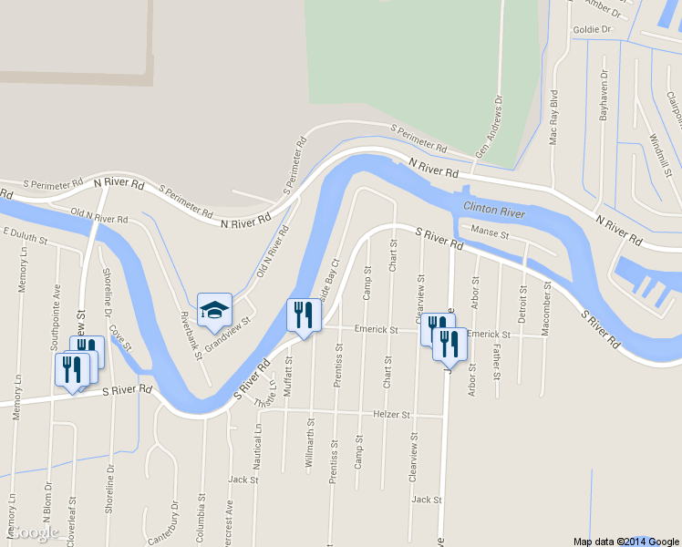 map of restaurants, bars, coffee shops, grocery stores, and more near 29580 Riverside Bay Court in Harrison Township
