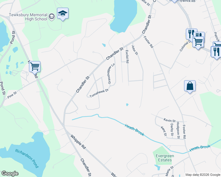 map of restaurants, bars, coffee shops, grocery stores, and more near 23 Grasshopper Lane in Tewksbury