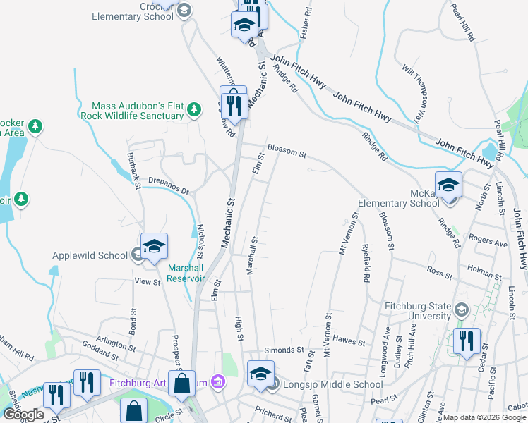 map of restaurants, bars, coffee shops, grocery stores, and more near 291 Marshall Street in Fitchburg