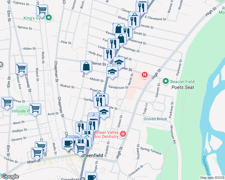 map of restaurants, bars, coffee shops, grocery stores, and more near 191-201 Federal Street in Greenfield