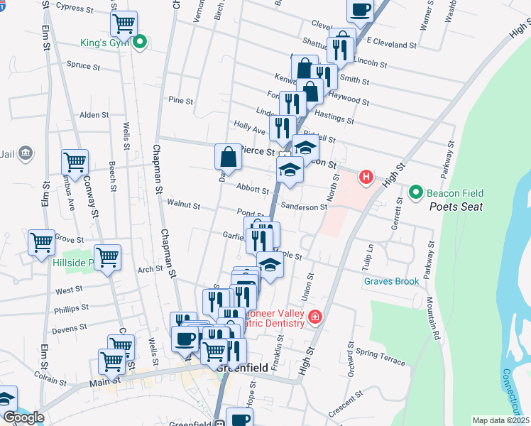 map of restaurants, bars, coffee shops, grocery stores, and more near 12 Abbott Street in Greenfield