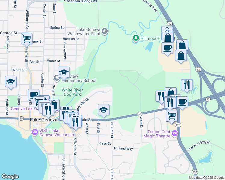 map of restaurants, bars, coffee shops, grocery stores, and more near 498 Country Club Drive in Lake Geneva