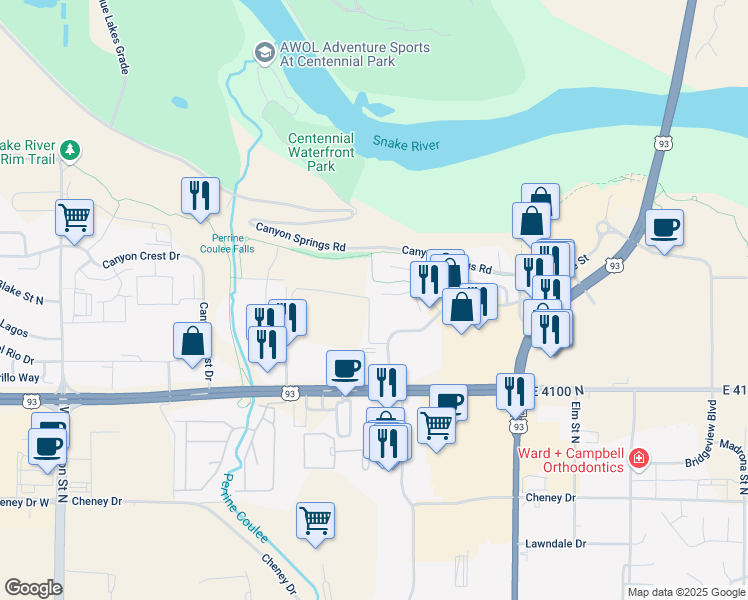 map of restaurants, bars, coffee shops, grocery stores, and more near 643 Canyon Park Avenue in Twin Falls