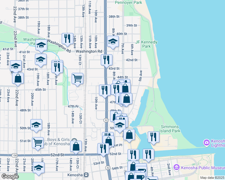 map of restaurants, bars, coffee shops, grocery stores, and more near 806 45th Street in Kenosha