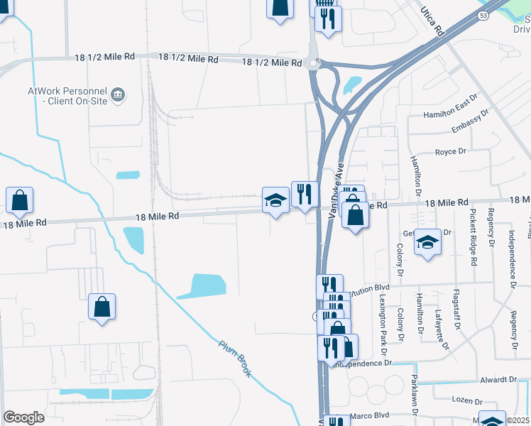 map of restaurants, bars, coffee shops, grocery stores, and more near 7600 18 Mile Road in Sterling Heights