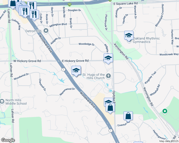 map of restaurants, bars, coffee shops, grocery stores, and more near 2378 Hickory Glen Drive in Bloomfield Hills