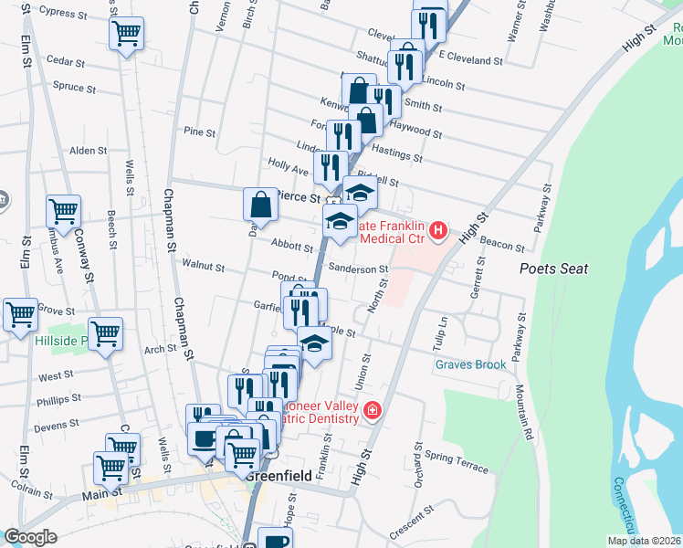 map of restaurants, bars, coffee shops, grocery stores, and more near 14 Sanderson Street in Greenfield