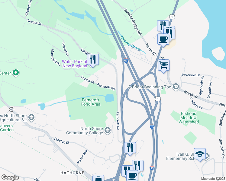 map of restaurants, bars, coffee shops, grocery stores, and more near Village Rd in Danvers